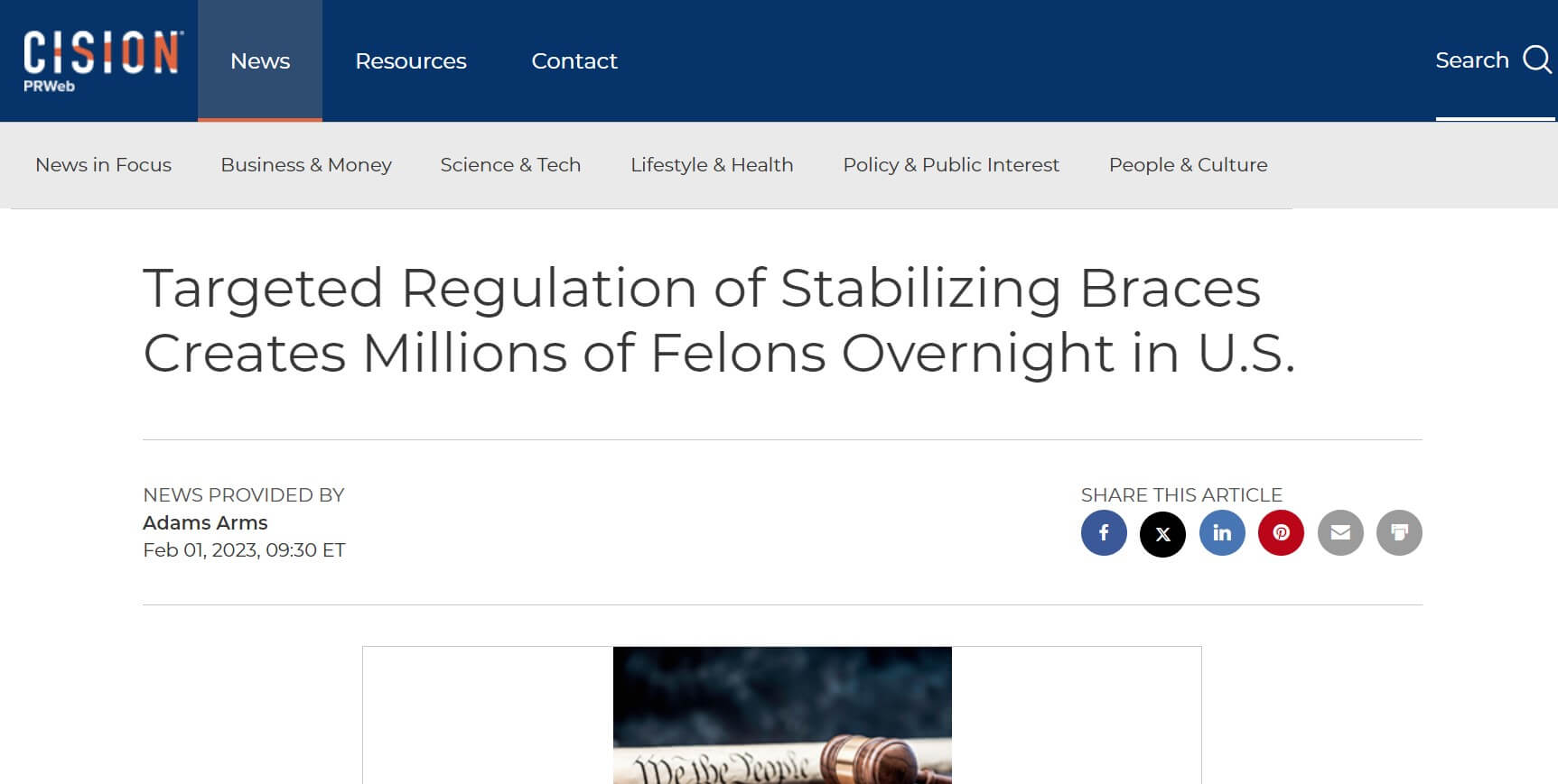 Screen capture of Cision news article: "Targeted Regulation of Stabilizing Braces Creates Millions of Felons Overnight in U.S."