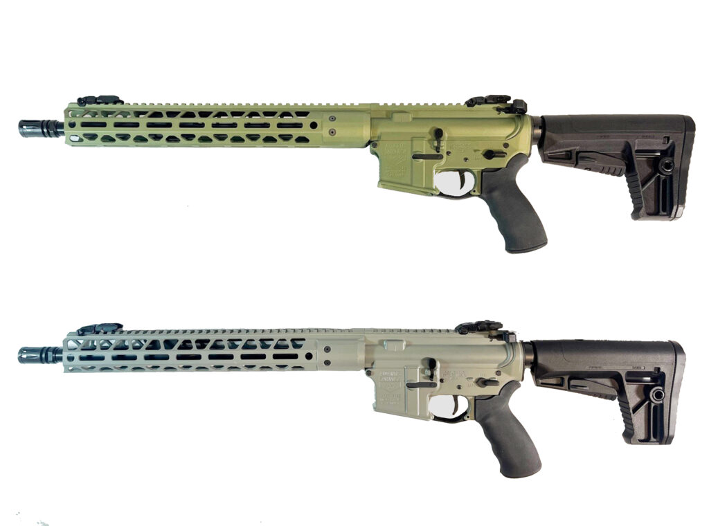 Green and grey Adams Arms cerakote AR15 rifles