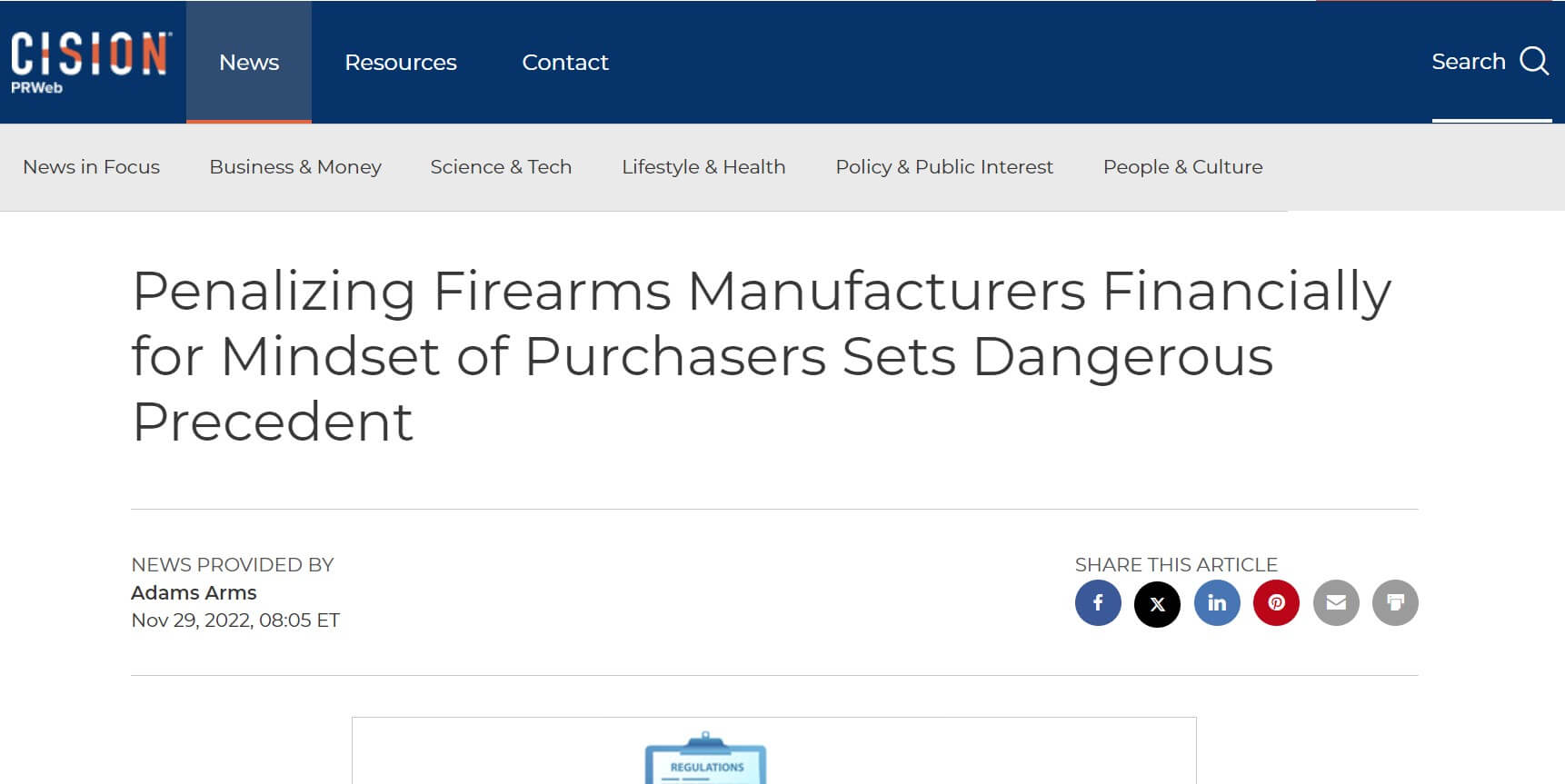 Cision news article: Penalizing Firearms Manufacturers Financially for Mindset of Purchasers Sets Dangerous Precedent
