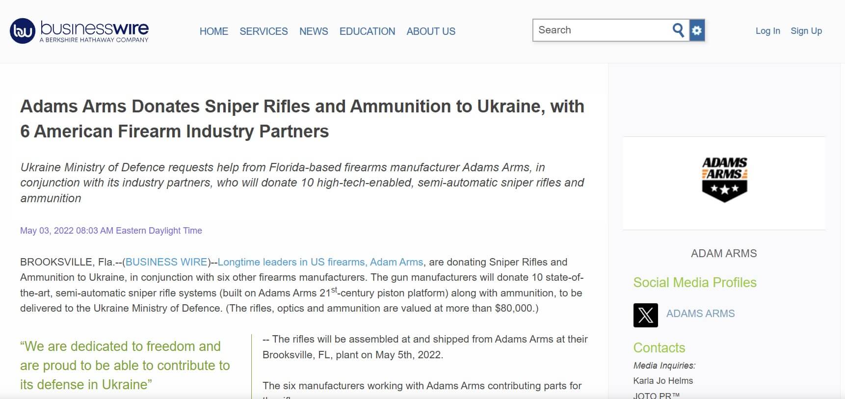 Adams Arms Donates Sniper Riffles and Ammunition to ukraine