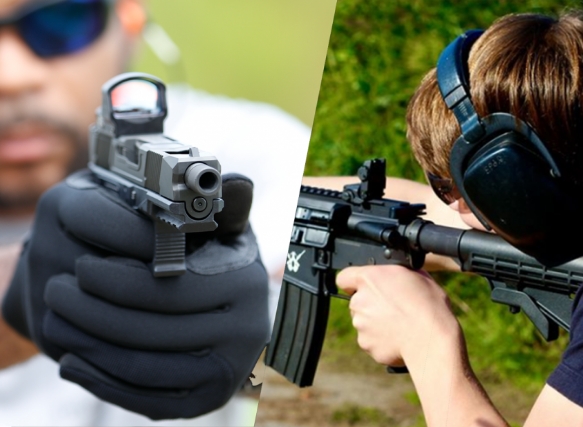 Split image of man aiming pisto lon left and person aiming AR15 on the right