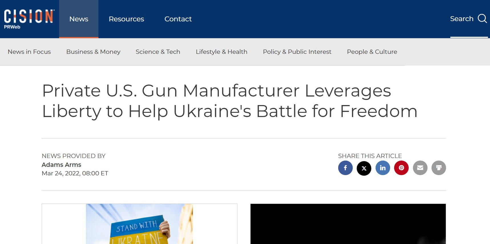 Cision News Article: "Private U.S. Gun Manufacturer Leverages Liberty to Help Ukraine's Battle for Freedom
