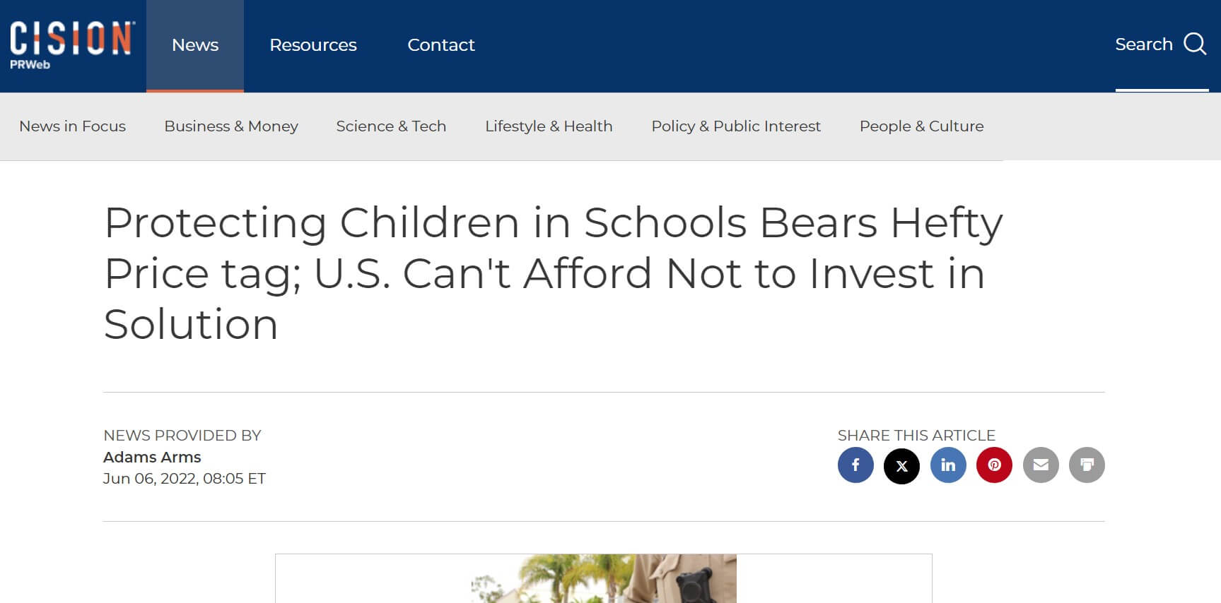 Cision News article: " Protecting Children in Schools Bears Hefty Price tag; U.S. Can't Afford Not to Invest in Solution