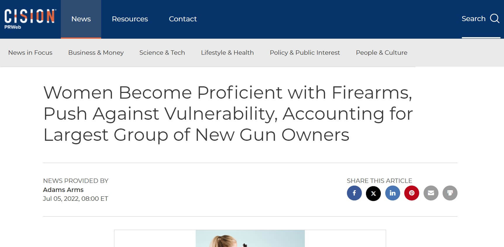 Cision news article: "Women Becom Proficient with Firearms, Push Against Vulnerability, Accounting for Largest Group of New Gun Owners"
